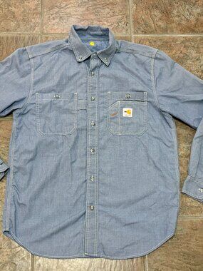 ~~Carhartt Force Men's FR CAT 2 M Blue Twill Cotton Button-Down Work Shirt..EUC!